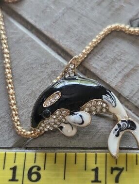 NWT Betsey Johnson Gold-Tone Black & White Enamel Whale Pendant Brooch Necklace